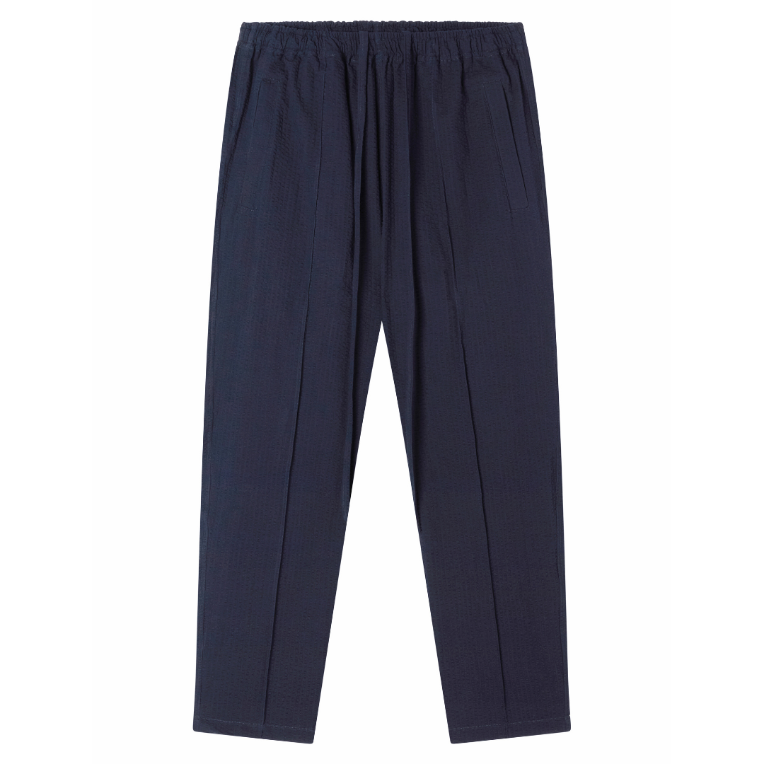 Navy Seersucker Drawstring Trousers