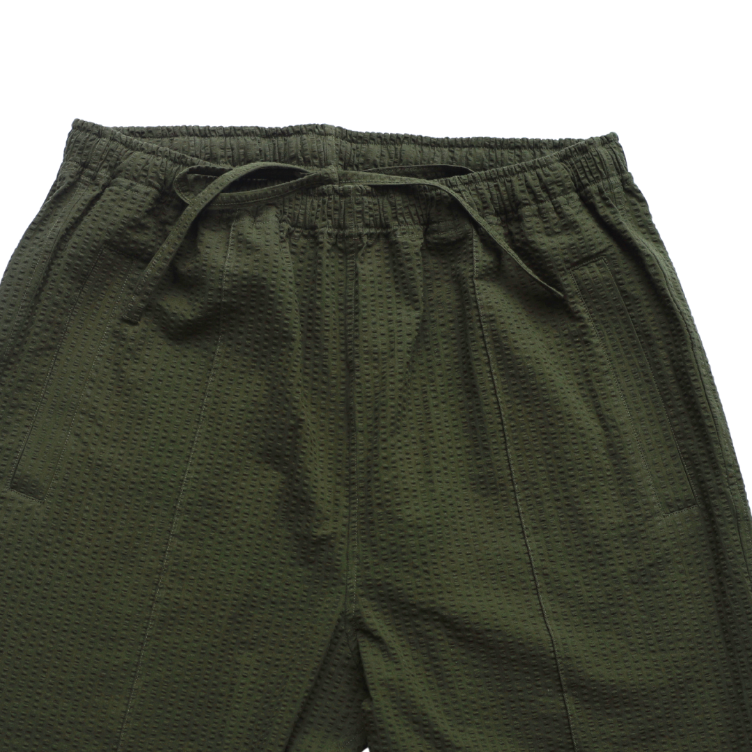 Olive Green Seersucker Drawstring Trousers