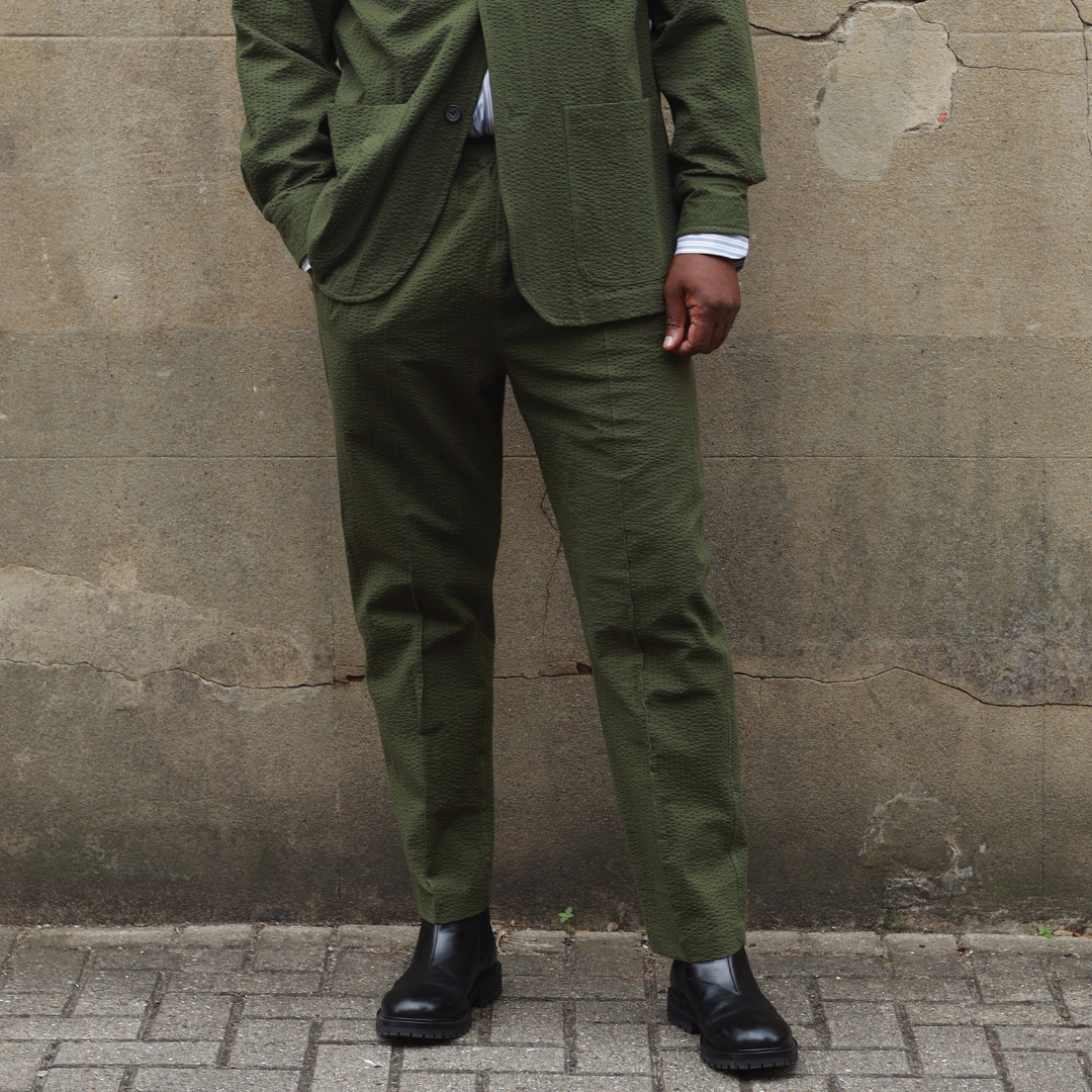 Olive Green Seersucker Drawstring Trousers