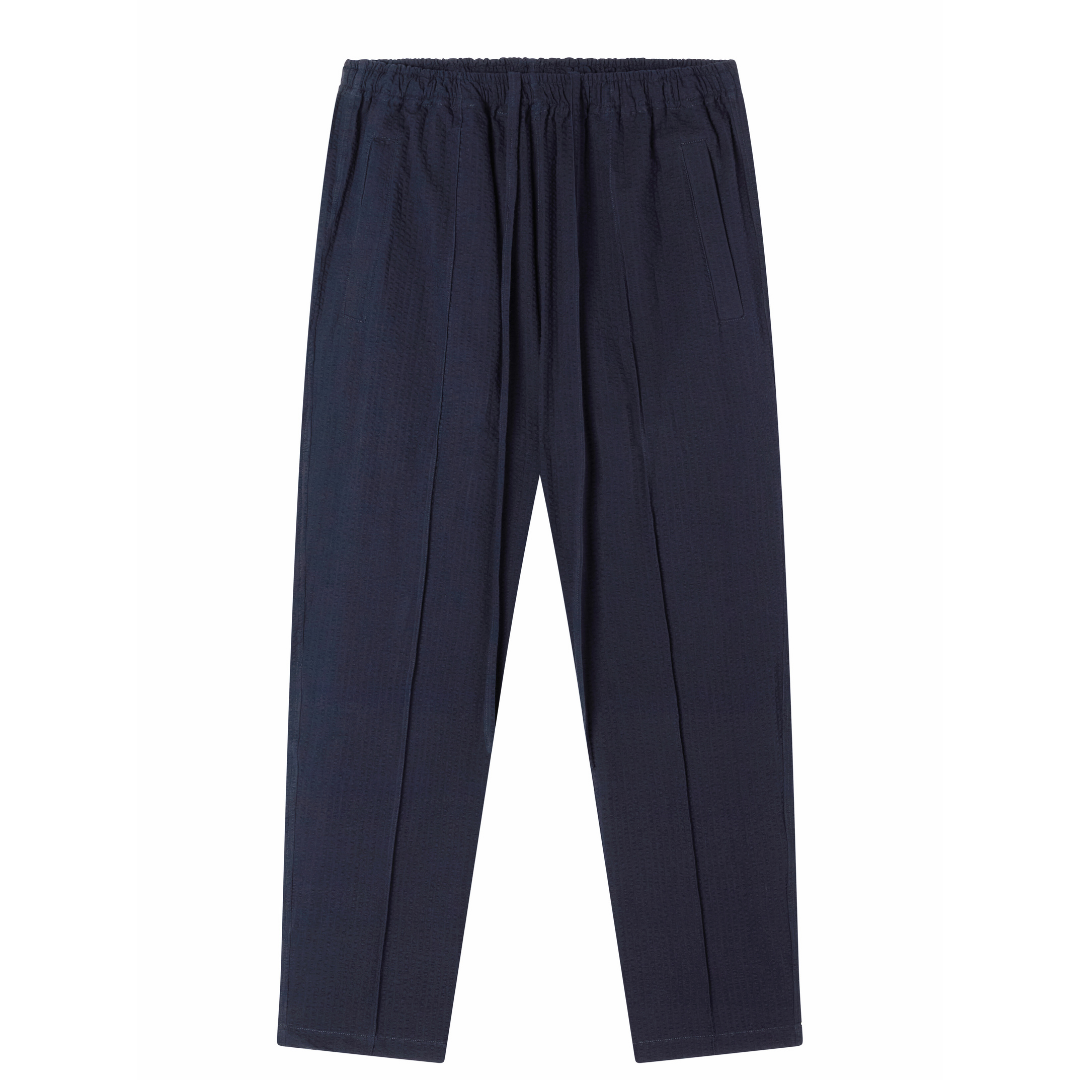 Navy Seersucker Drawstring Trousers