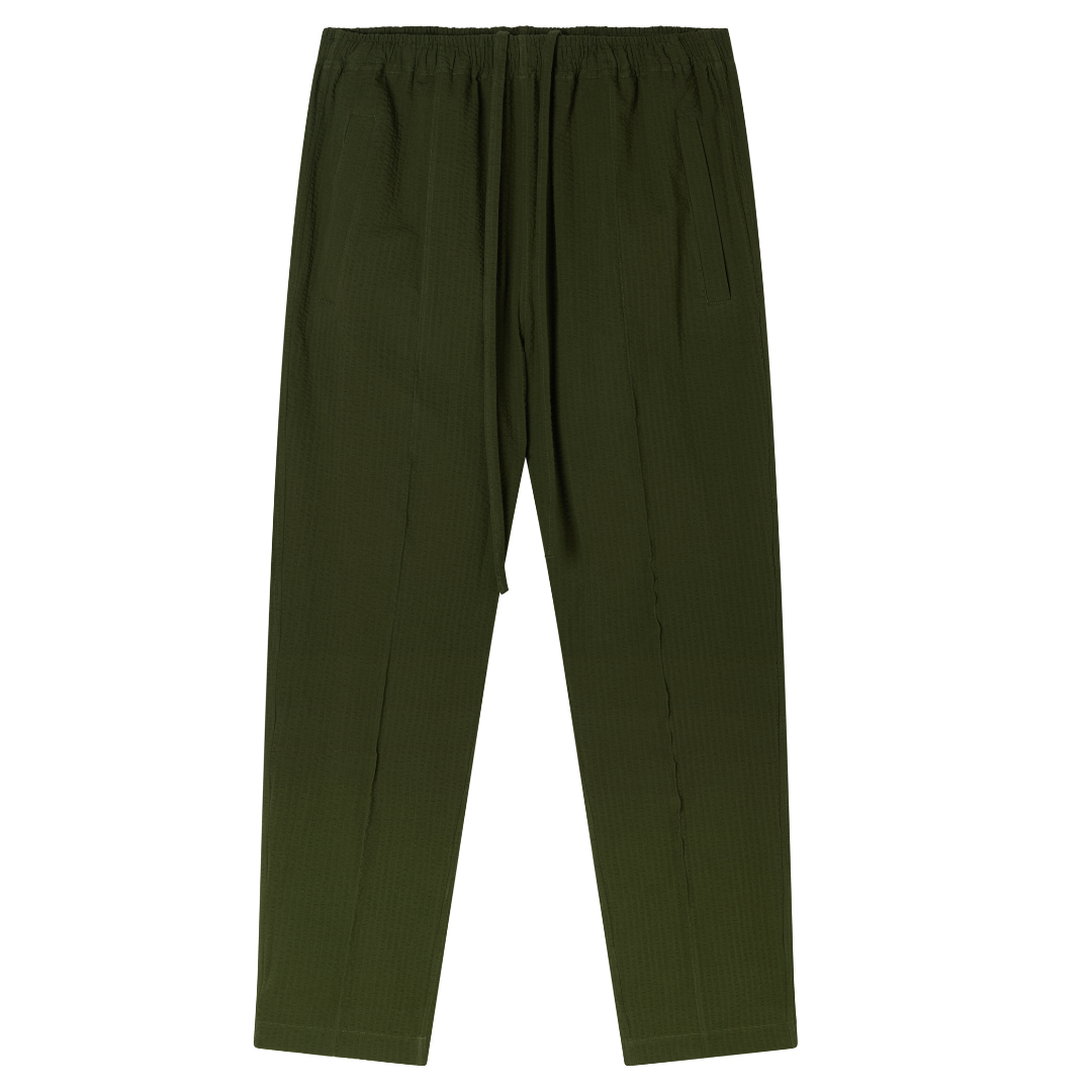 Olive Green Seersucker Drawstring Trousers