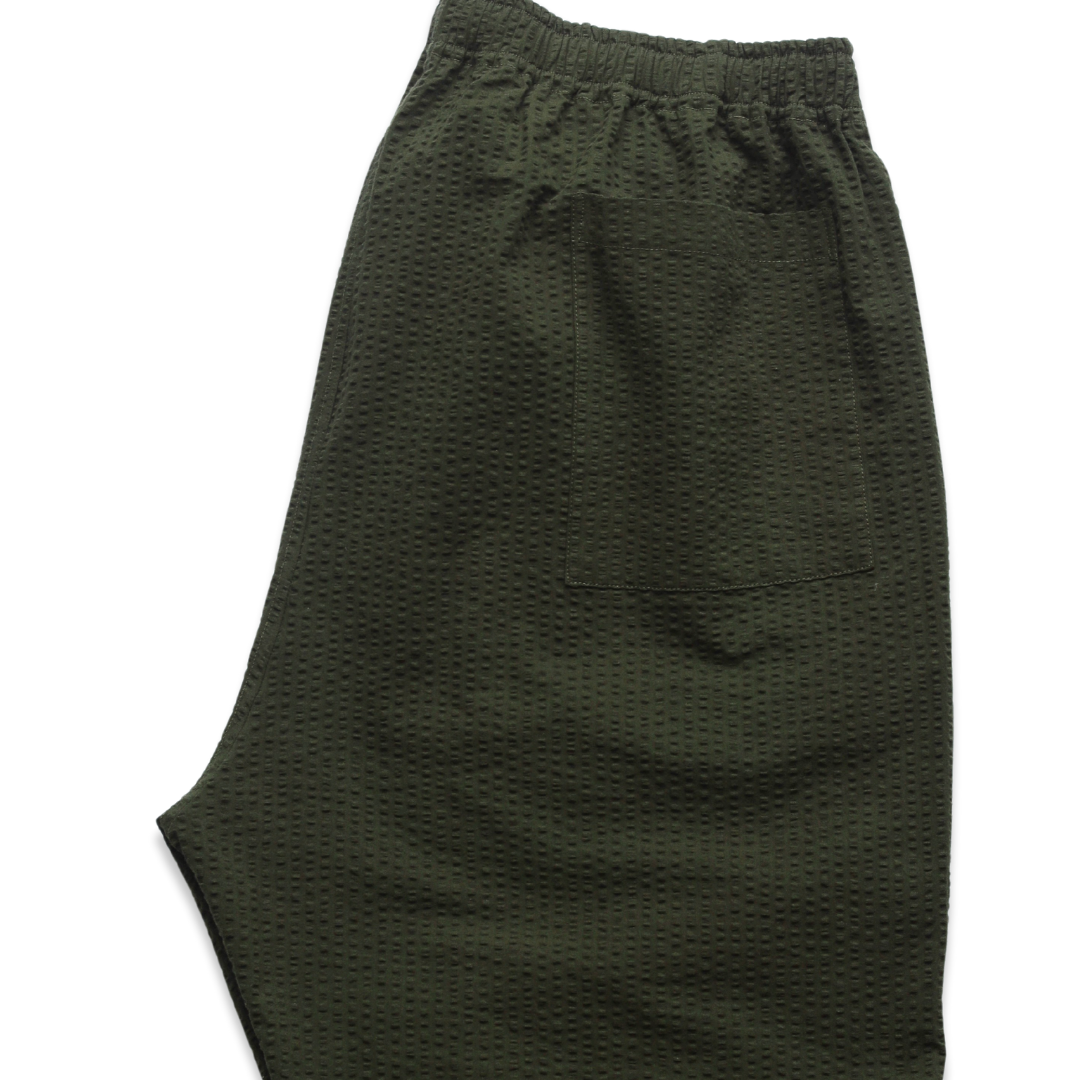 Olive Green Seersucker Drawstring Trousers