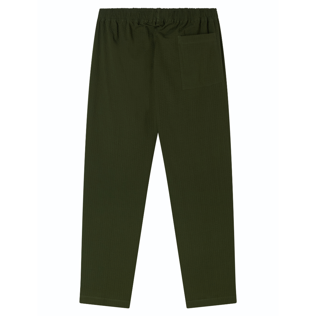 Olive Green Seersucker Drawstring Trousers